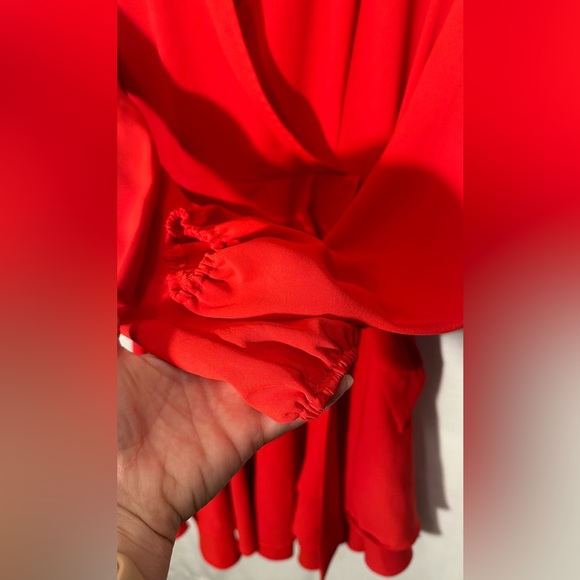 NEW Bonkwa Tiered Ruffle Hem Wrap V Neck Tie Waist Long Sleeve Red Dress Large - Picture 6 of 14